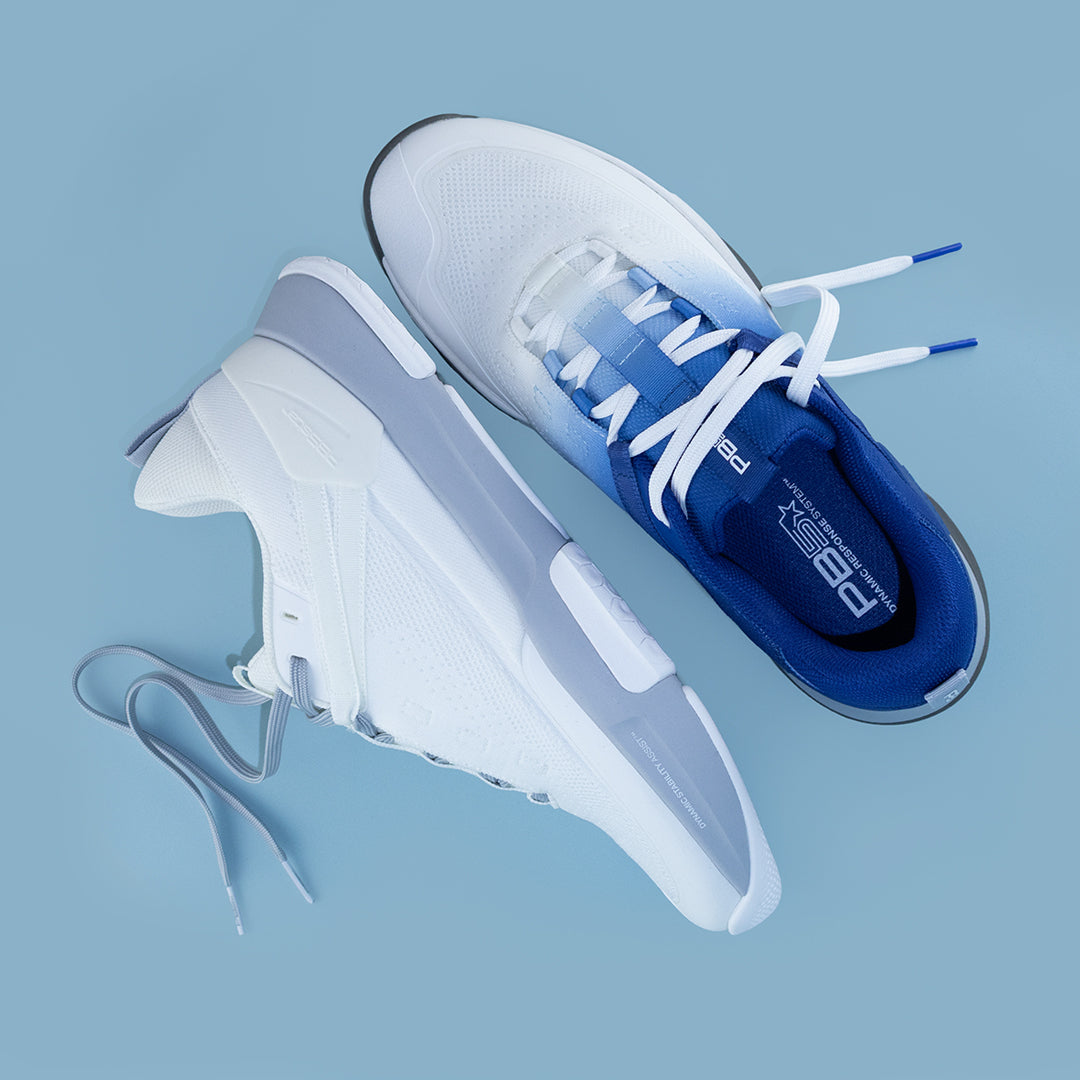 PB5star men’s sneakers in white and blue, top-down product layout showing cushioning and lace details