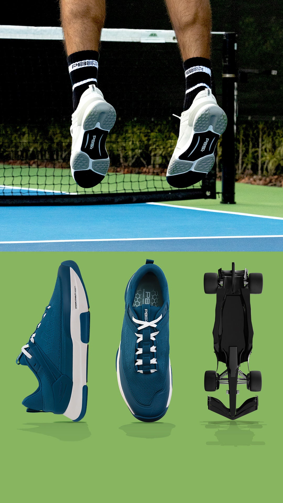 PB5 Court2 athletic shoes showcasing advanced sole technology during a jump on the court, paired with side and top views of the astral blue colorway alongside an automotive-inspired design for dynamic stability.
