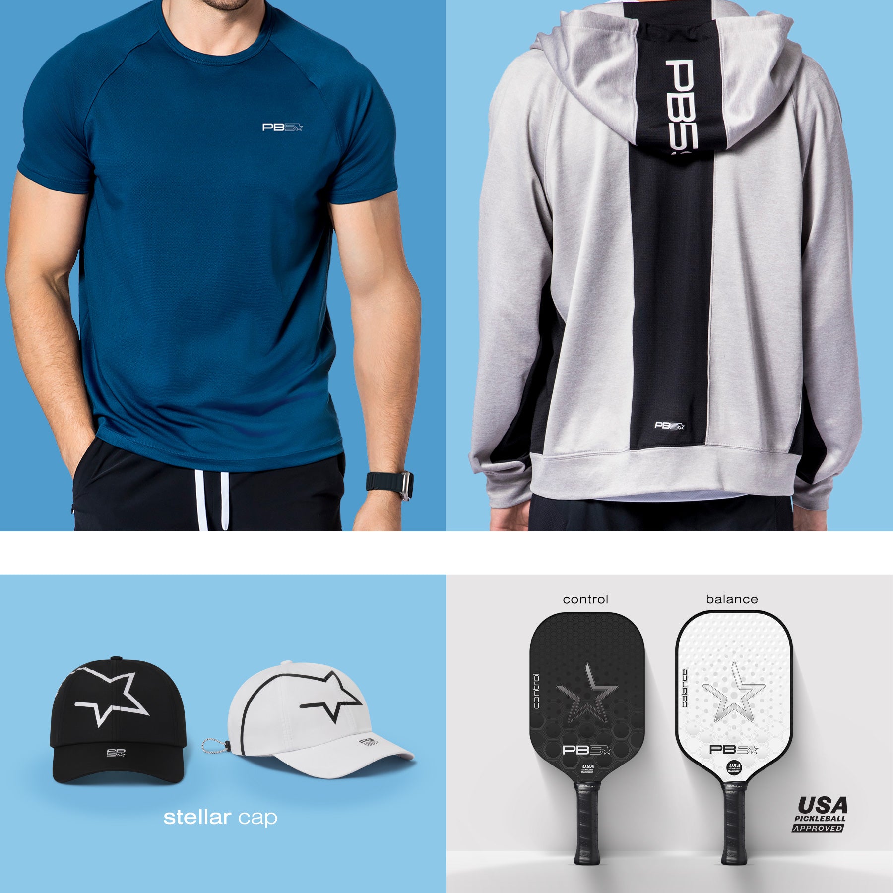 Four images featuring men's Core Performance Tee in astral blue, mens' Performance Full Zip Hoodie, Stellar Cap, and USA Pickleball approved paddles.