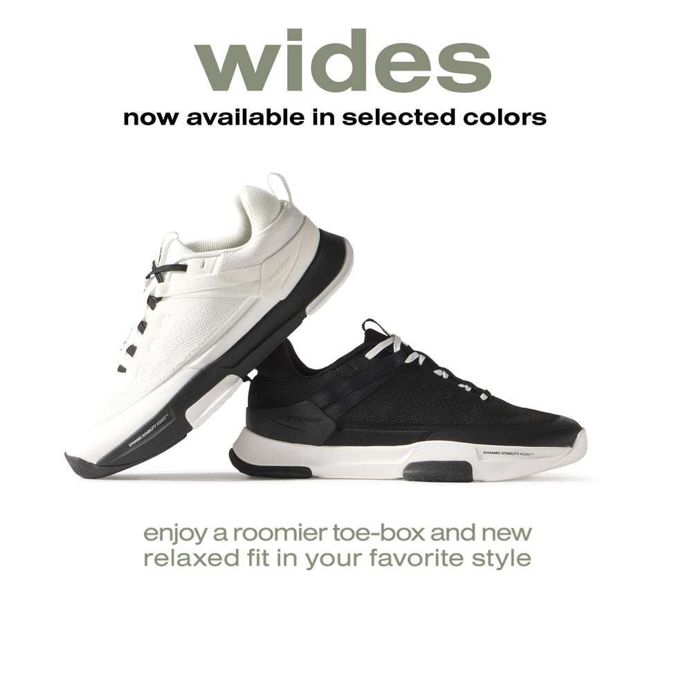 A white-black PB5 Court2 shoe nect to a black-white court2 shoe. Two colors that are now available in Wide Sizes. Best pickleball shoes ever!