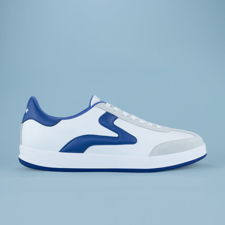 White and blue Men's PB5star Cosmic sneaker on a light blue background