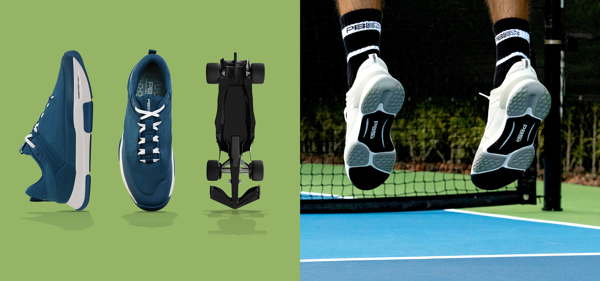 PB5 Court2 athletic shoes showcasing advanced sole technology during a jump on the court, paired with side and top views of the astral blue colorway alongside an automotive-inspired design for dynamic stability.