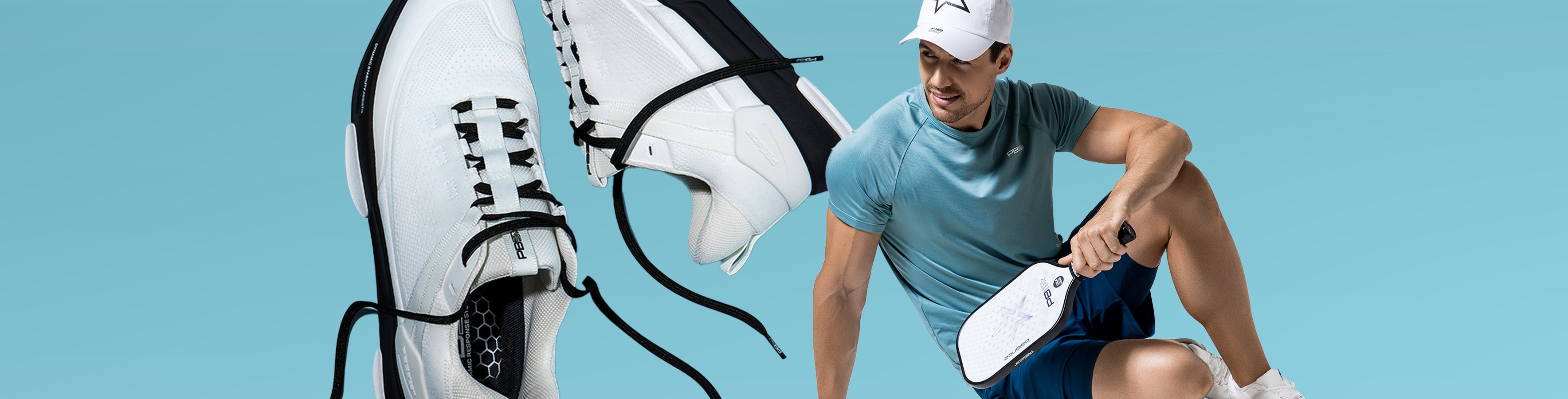 Men’s PB5star pickleball athletic outfit with performance tee, white-black Court2 shoes, and astral blue shorts for on-court style and comfort