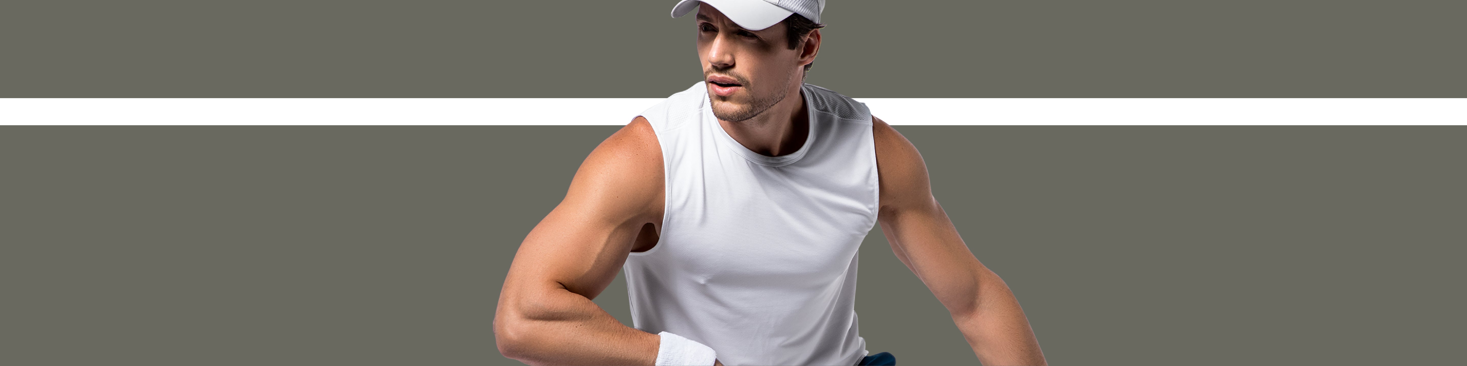 Close-up on model wearing men's Vented Sleeveless Tee in white.