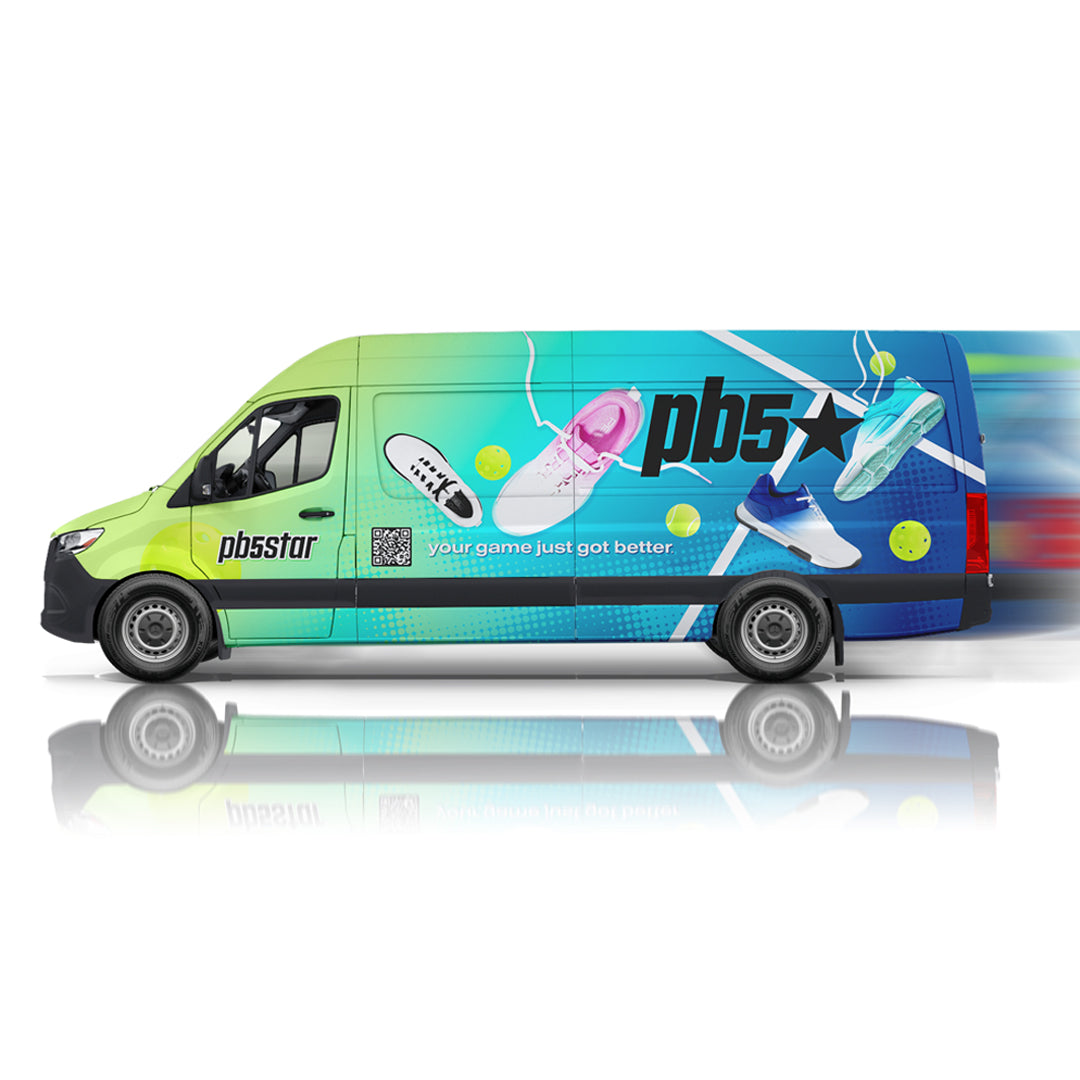 PB5star branded delivery van featuring Court2 pickleball shoes and slogan “your game just got better” on gradient green to blue wrap