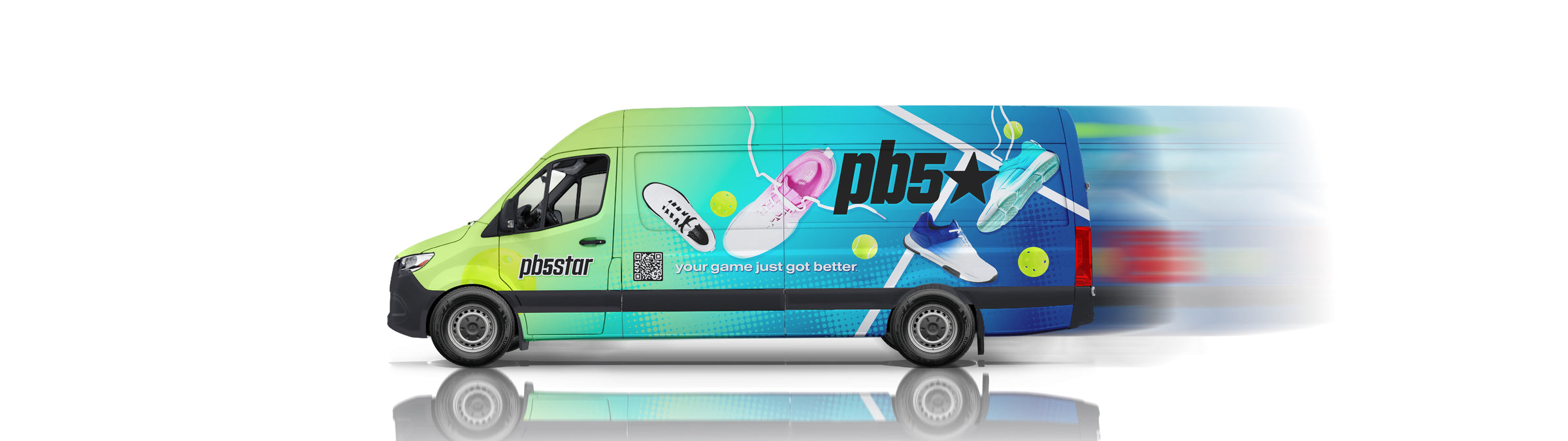 PB5star branded delivery van featuring Court2 pickleball shoes and slogan “your game just got better” on gradient green to blue wrap