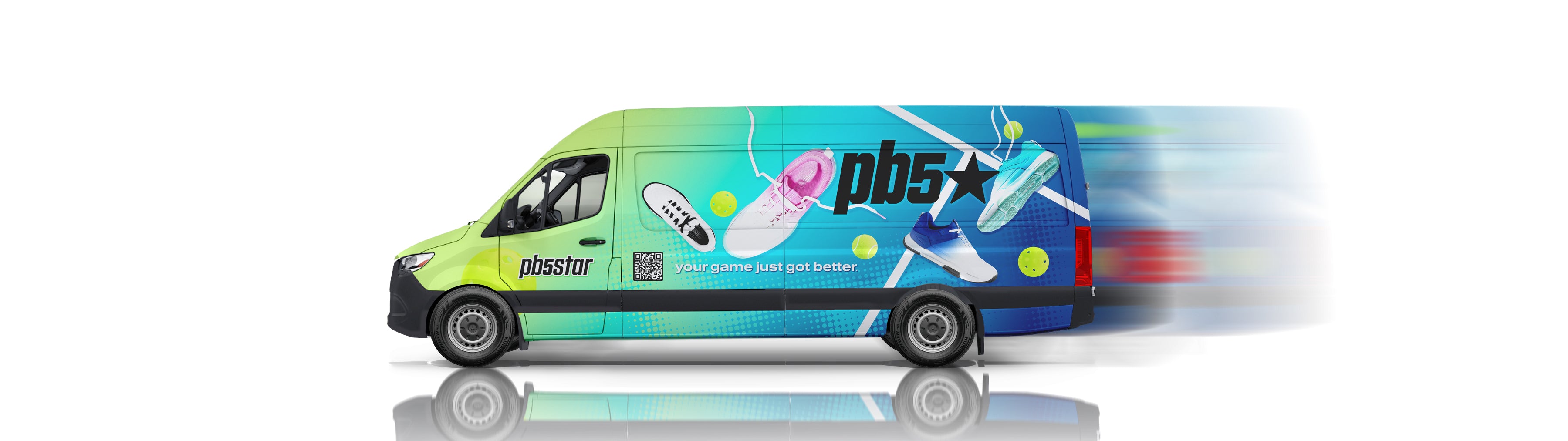 PB5star branded delivery van featuring Court2 pickleball shoes and slogan “your game just got better” on gradient green to blue wrap