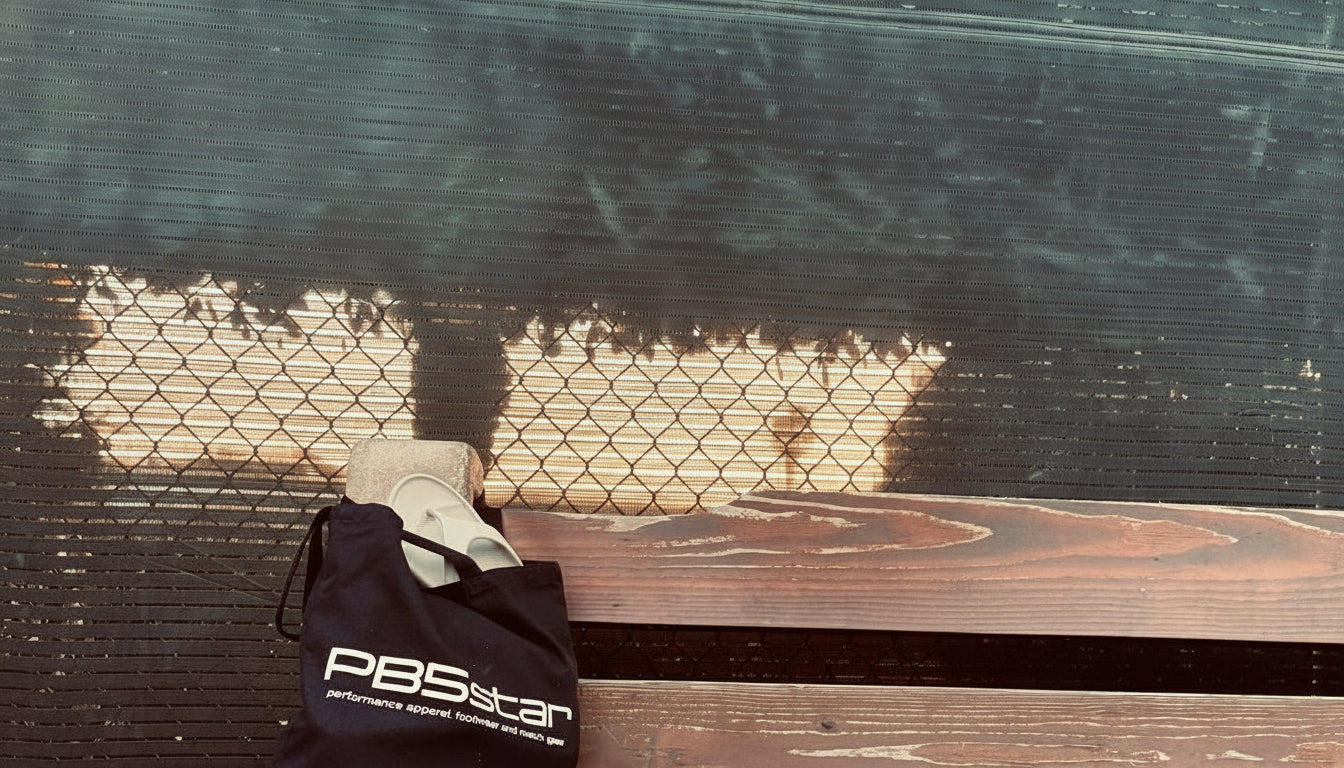 Court bench next to a black bag with 'PBSstar' branding, against a dark metal fence.