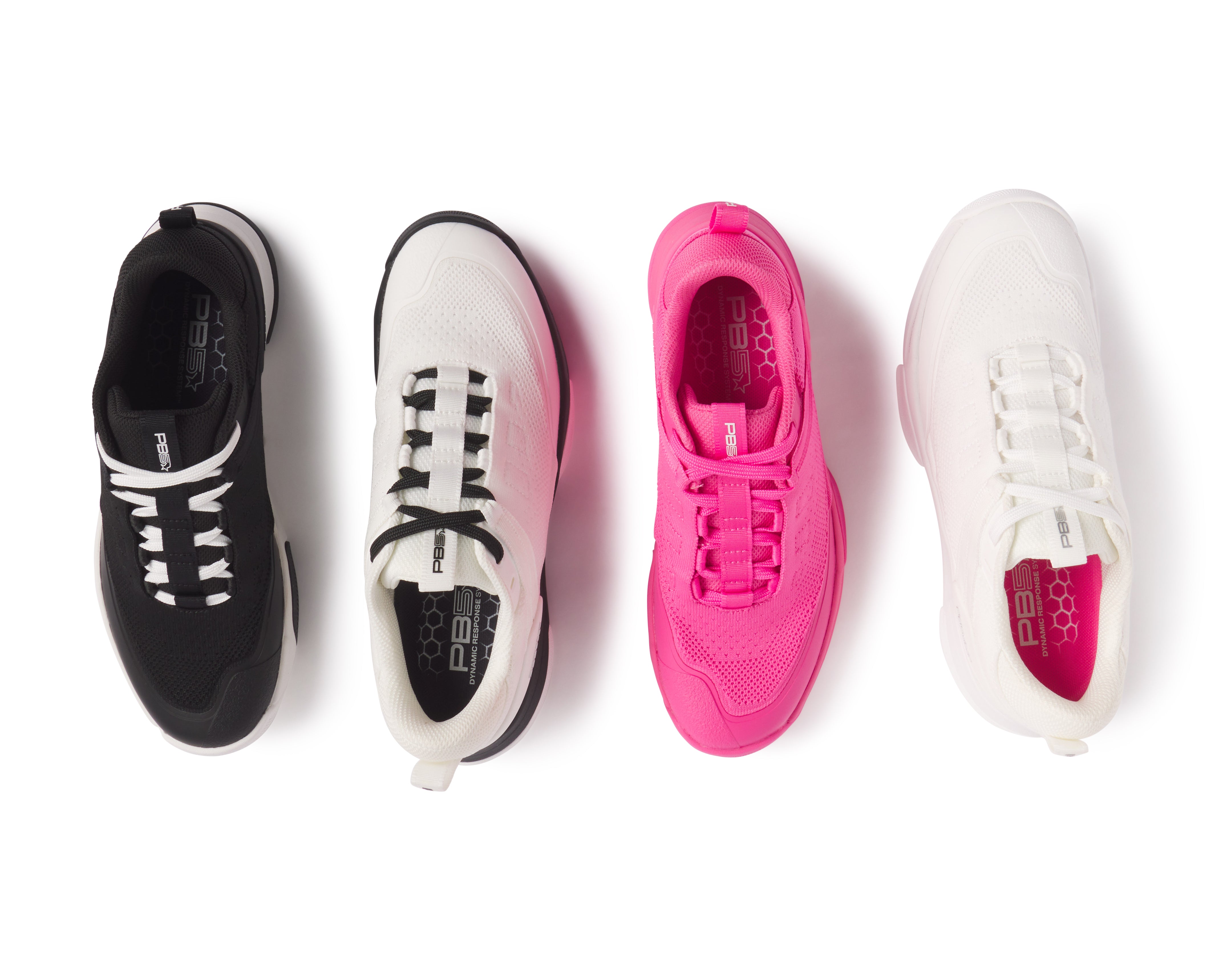 PB5 Court2 sneakers in black-white, white-black, pink, and white – breathable athletic shoes by PB5Star for performance and style