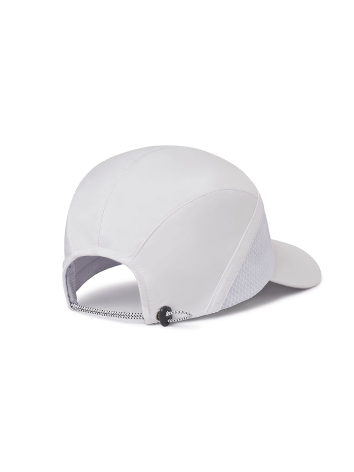 Signature Cap back view in white with easy adjustable stretch cord.