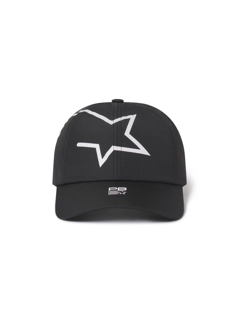 Stellar Cap front view in black with small logo on bill and large logo star on front of cap.