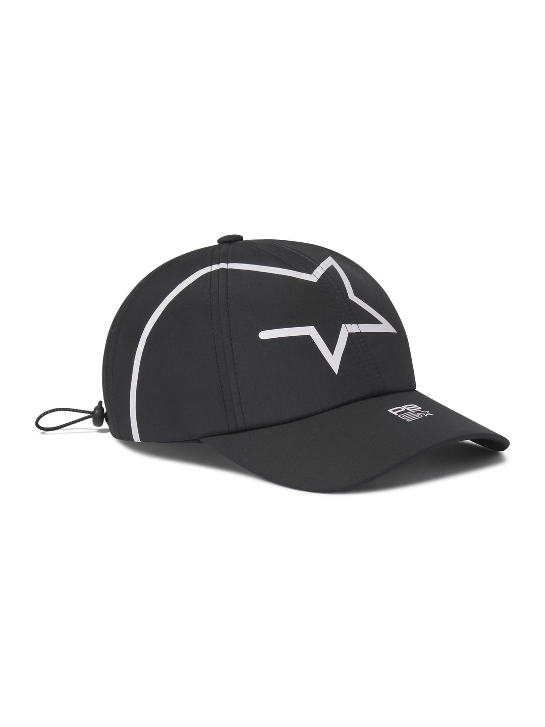 Stellar Cap side view in black with small logo on bill and large logo star on front of cap.