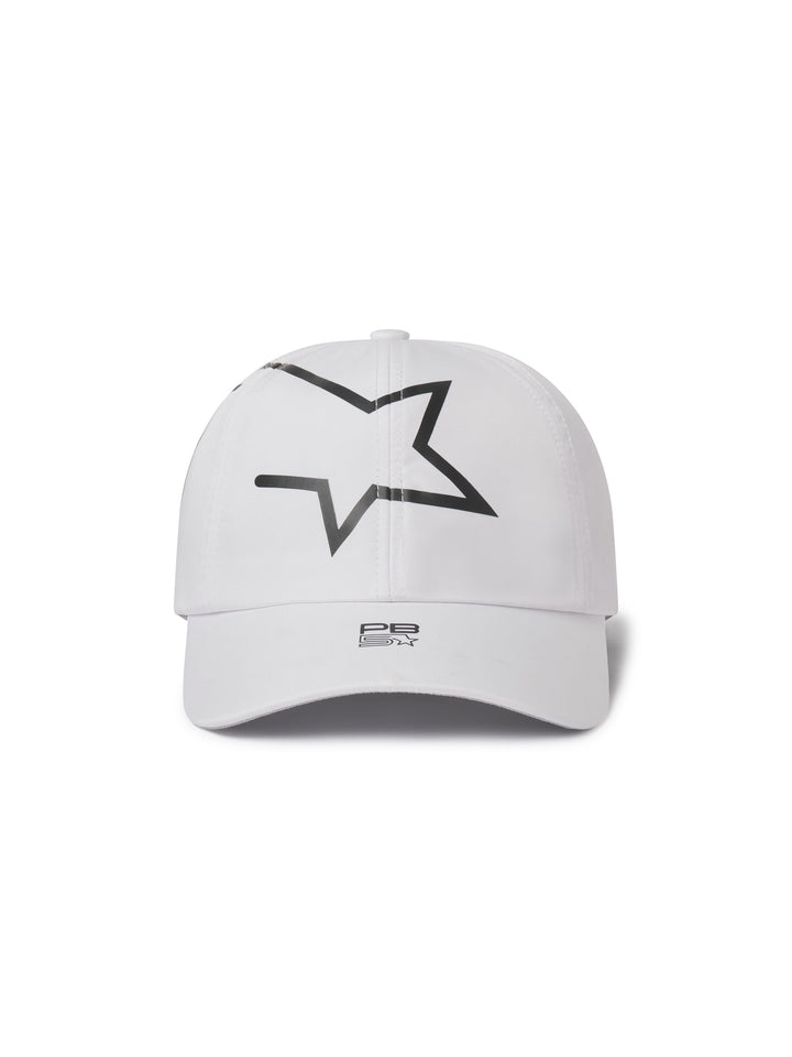 Stellar Cap front view in white with small logo on bill and large logo star on front of cap.