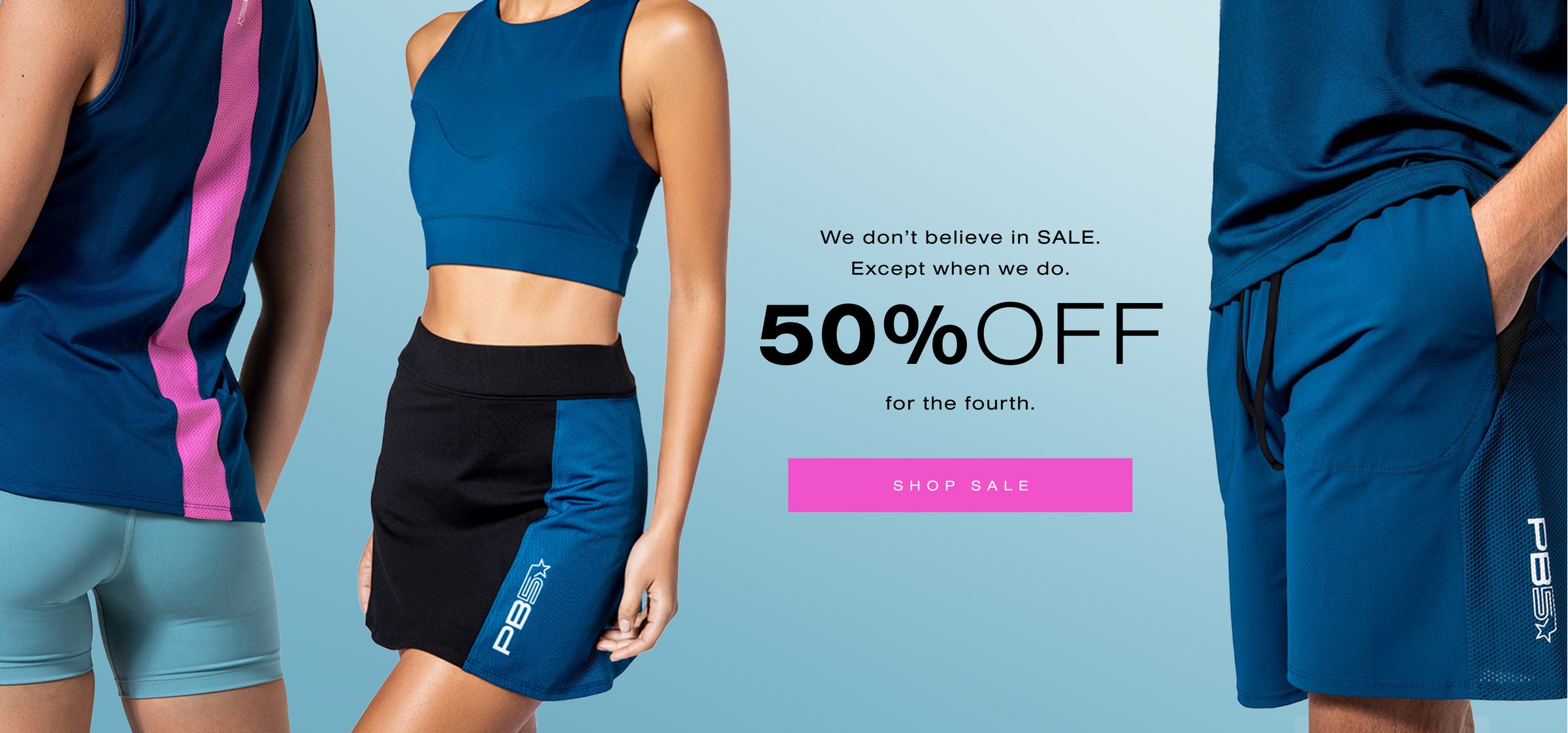 PB5star pickleball apparel sale featuring men’s and women’s activewear in blue and black styles, highlighting 50% off pickleball sale for the Fourth of July promotion