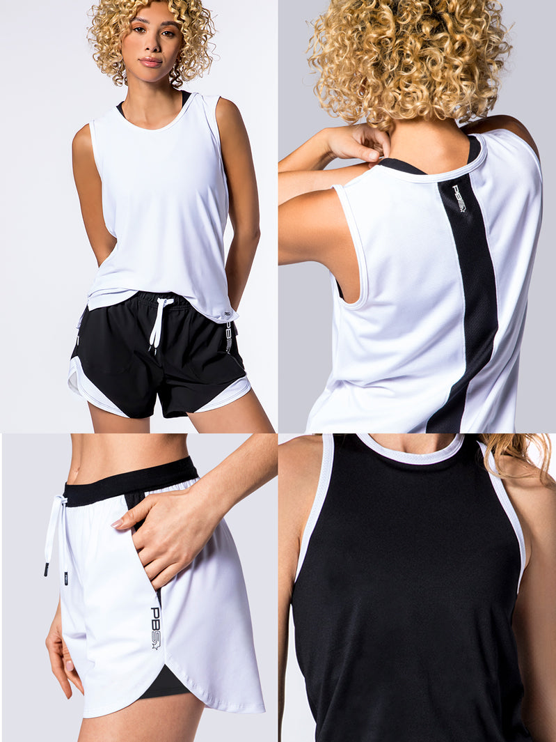 Four PB5star images showing Vented Tank, Signature Court Shorts, and Core Tank all in colors black and white.