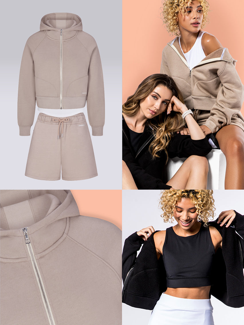 Four PB5star images showcasing Luxe Cropped Lounge Hoodie and Luxe Lounge Shorts in colors soft clay and black.