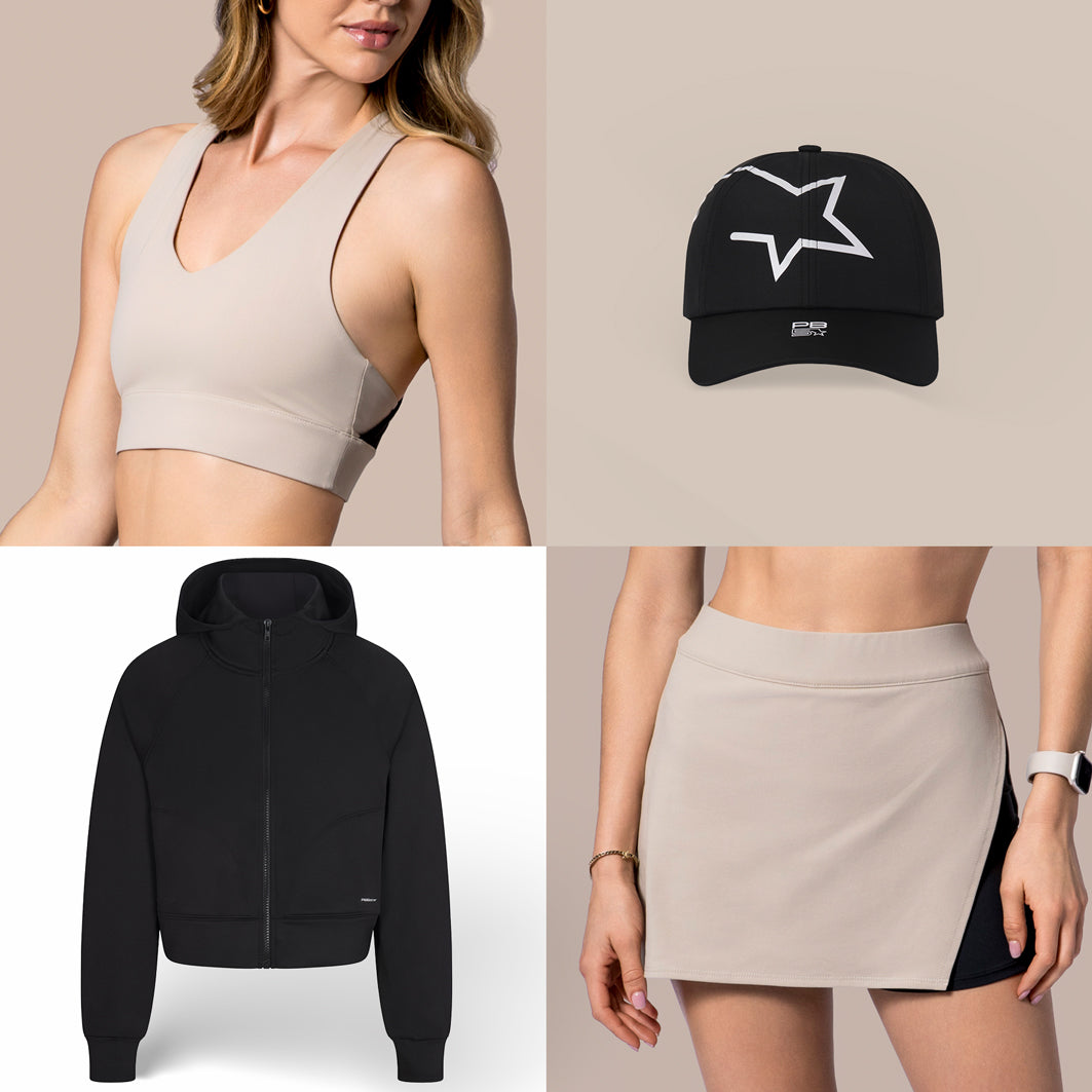 Four PB5star images showing X-Over Back Sports Bra, Luxe Cropped Lounge Hoodie, Stellar Cap, and Side Split Skirt in Soft Clay and Black Colors.