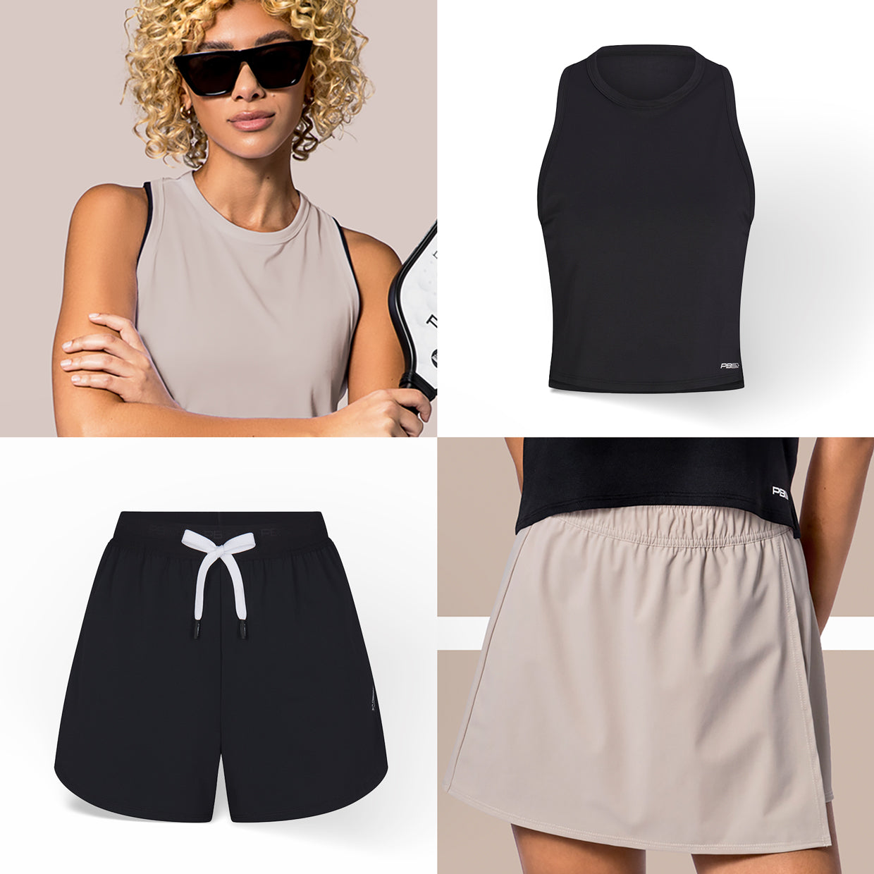 Four PB5star images showing Cropped Tank, Signature Shorts, ad lightweight wrap skirt in Soft Clay and Black Colors
