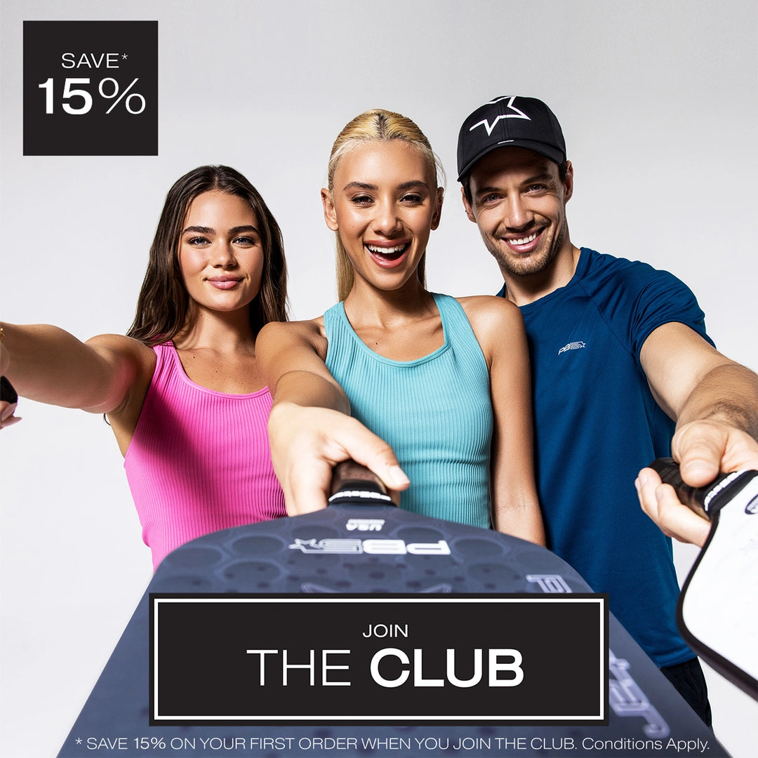 Group of smiling athletes holding PB5star pickleball paddles, promoting the 'Join the Club' offer to save 15% on the first order. Stylish activewear and gear for passionate pickleball players.