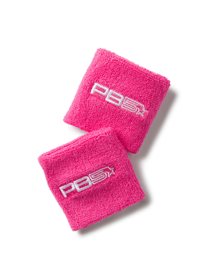 Pair of pink PB5star performance wristbands with embroidered logo for athletic wear