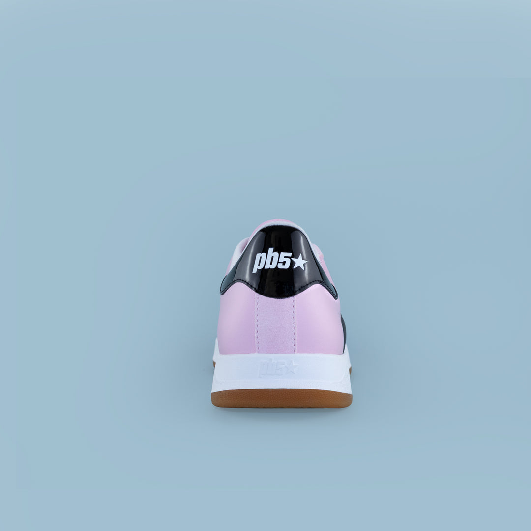 Rear view of women’s pink and black Cosmic sneaker with pb5 branding, ideal for athletic wear, pickleball and court style.