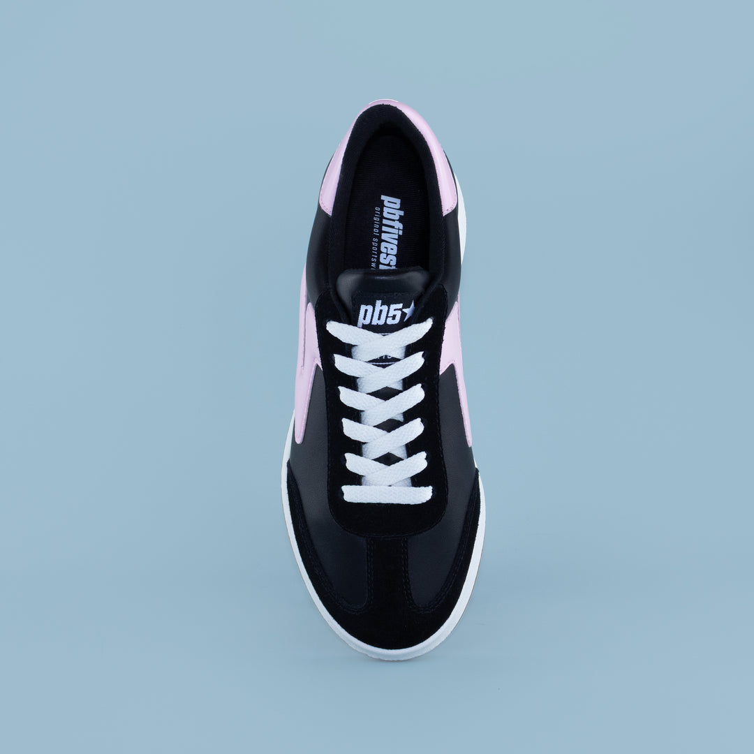 PB5star women’s Cosmic sneaker in black and pink, top view showing lace layout and padded collar