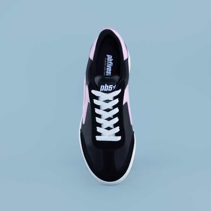 PB5star women’s Cosmic sneaker in black and pink, top view showing lace layout and padded collar