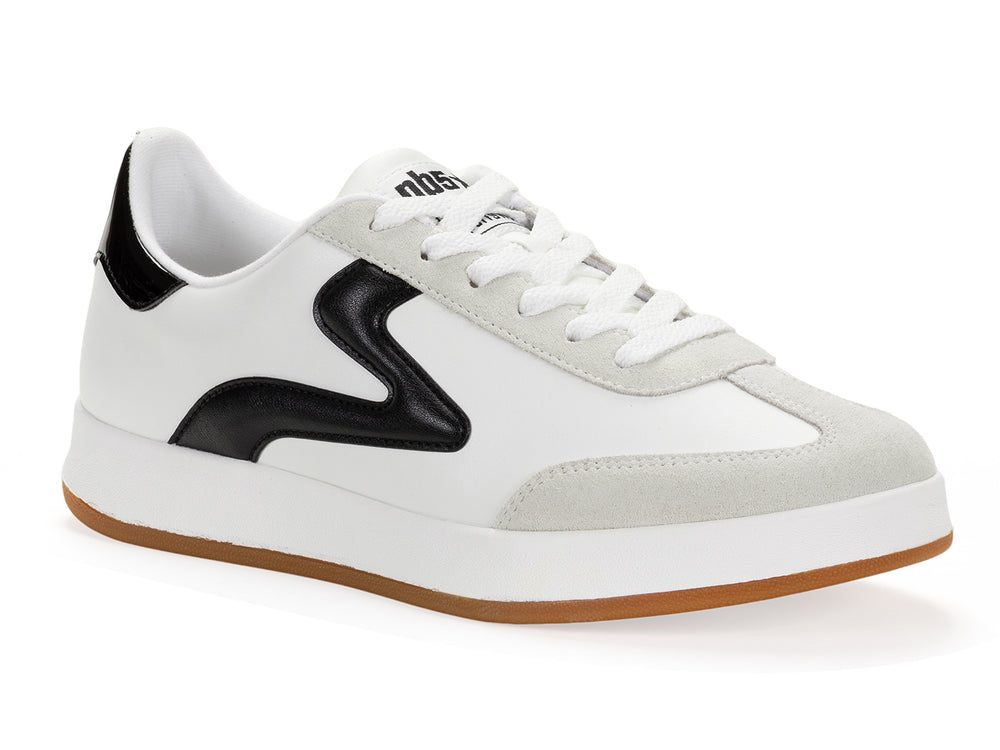 White and black low-top sneaker with gum sole shown in isometric side view