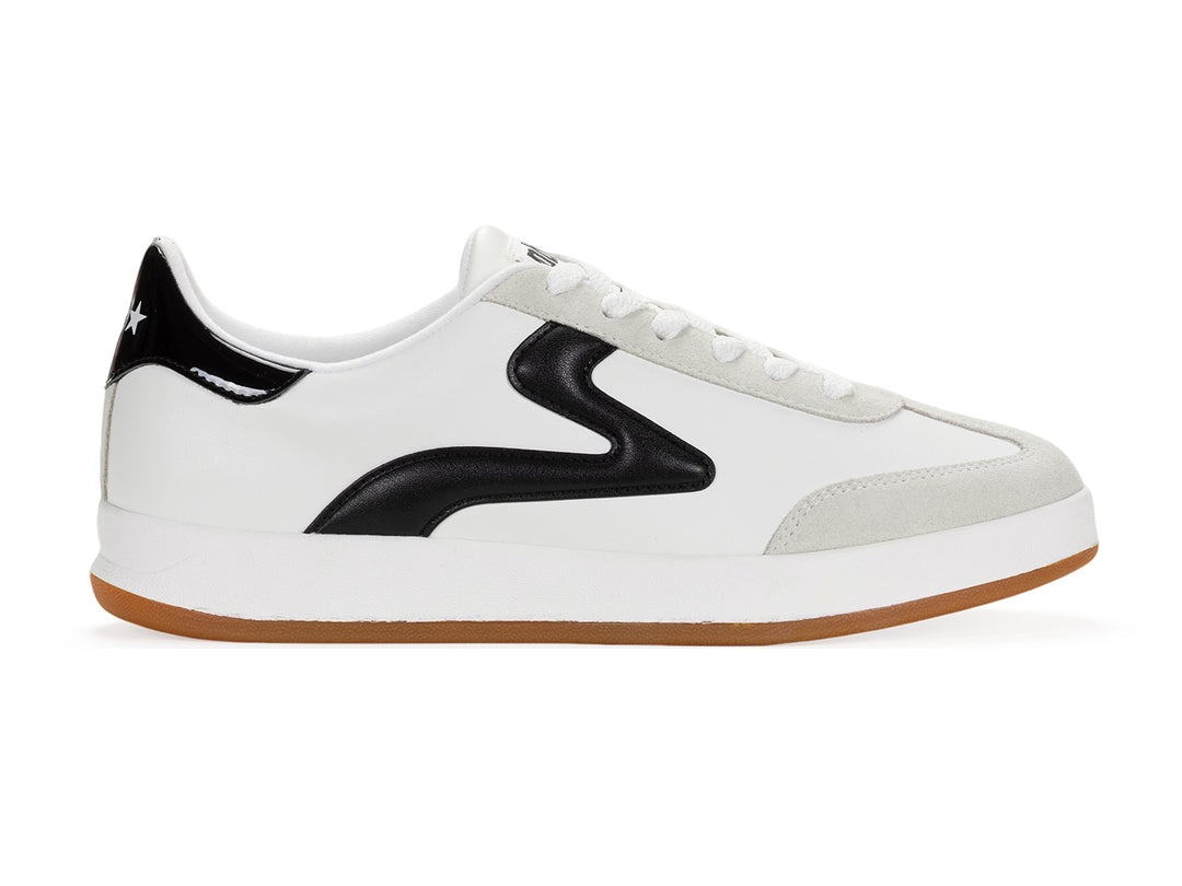 Lateral side view of a white and black low-top sneaker with gum sole