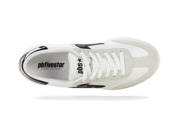 Top view of a white and black low-top sneaker with white laces