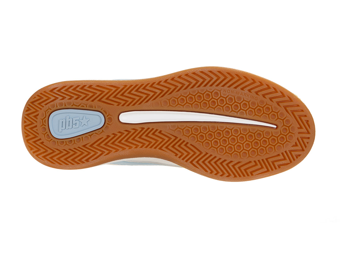 Bottom sole view of a white and light blue low-top sneaker with gum outsole