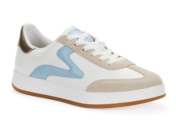 White and light blue low-top sneaker with gum sole shown in isometric side view
