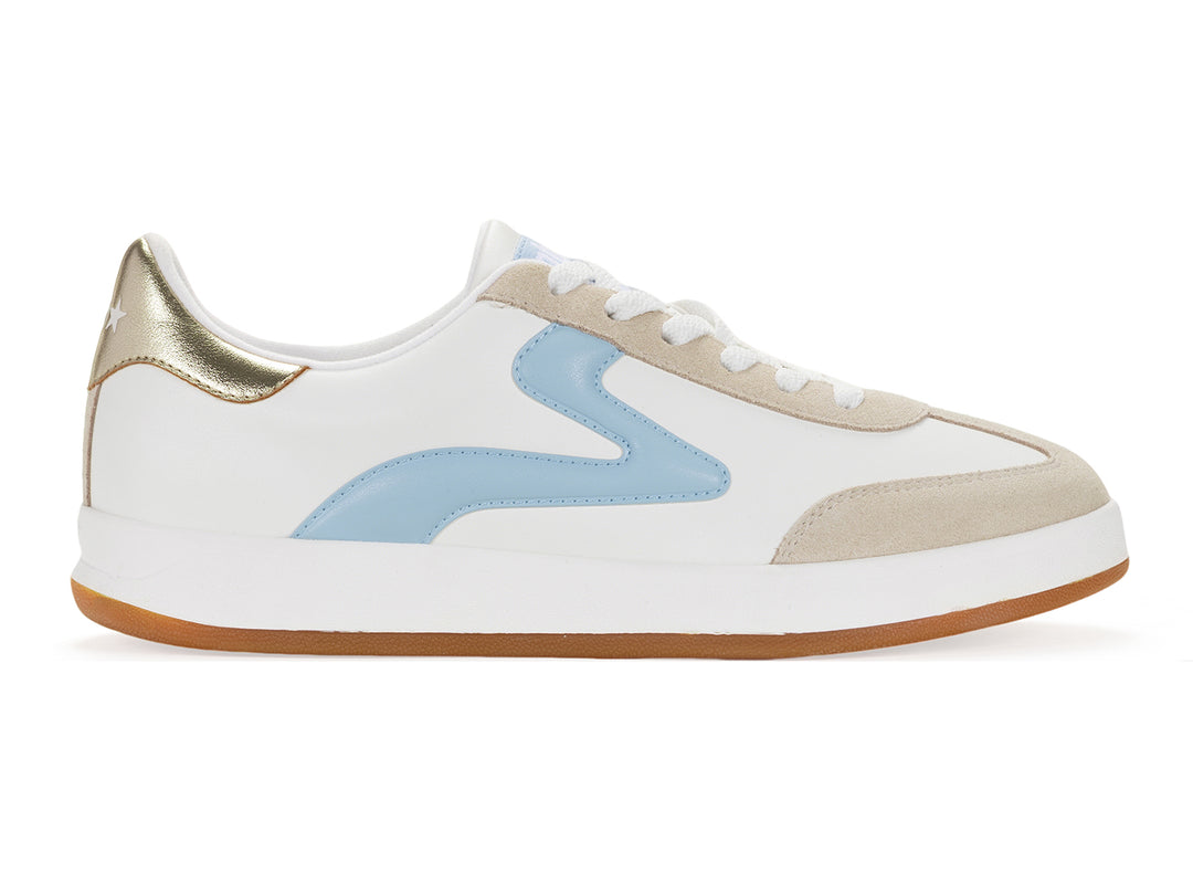 Lateral side view of a white and light blue low-top sneaker with gum sole