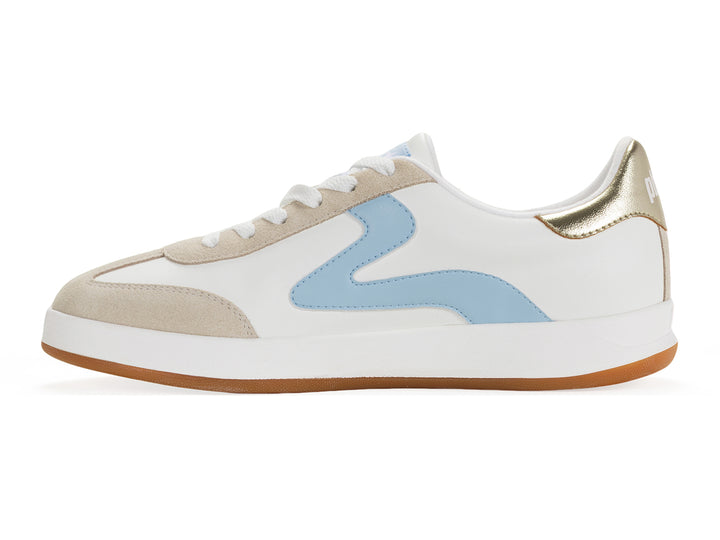 Medial side view of a white and light blue low-top sneaker with gum sole and metallic gold heel tab