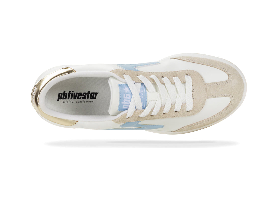 Top view of a white and light blue low-top sneaker with white laces