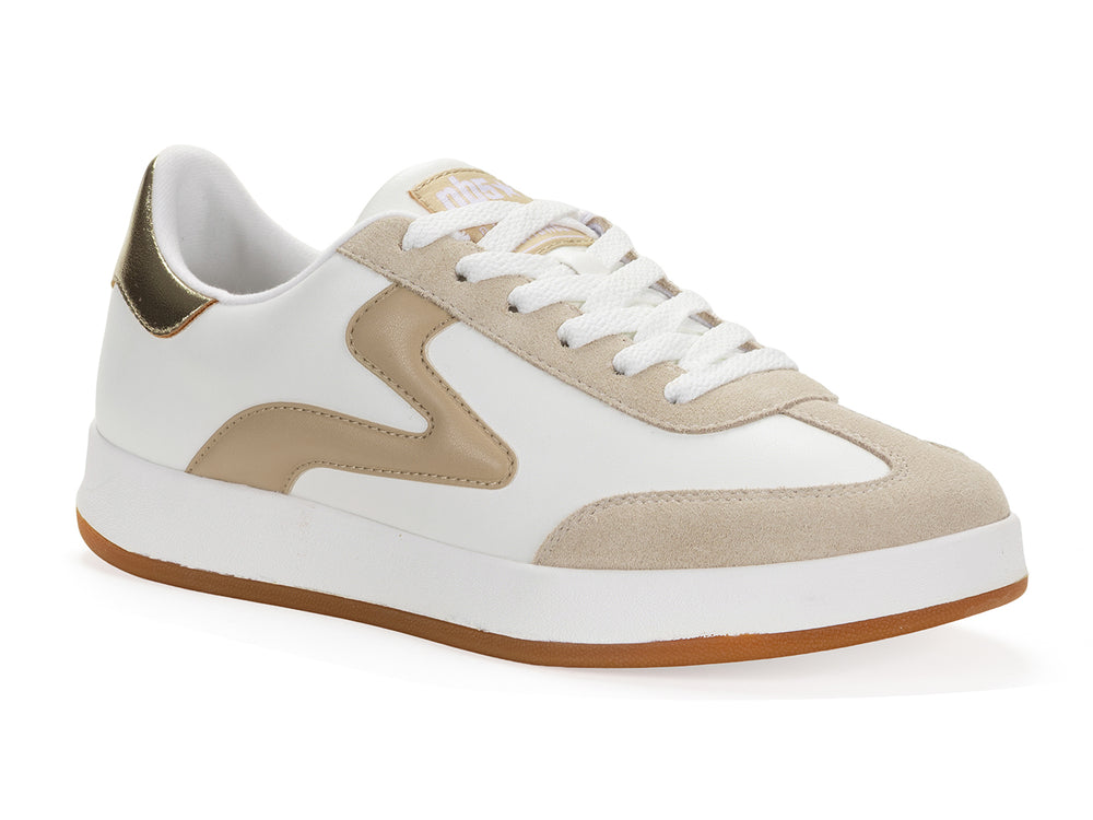 natural and white low-top sneaker with gum sole shown in isometric side view