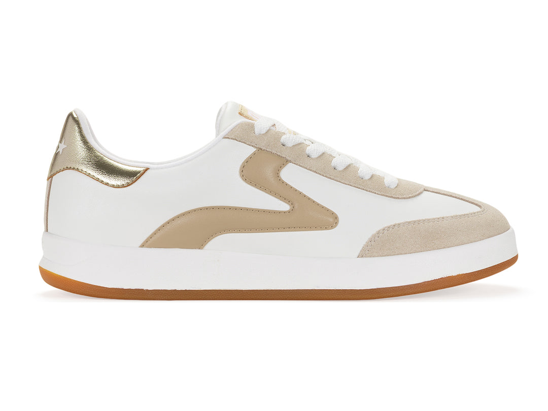 Lateral side view of a white and natural low-top sneaker with gum sole