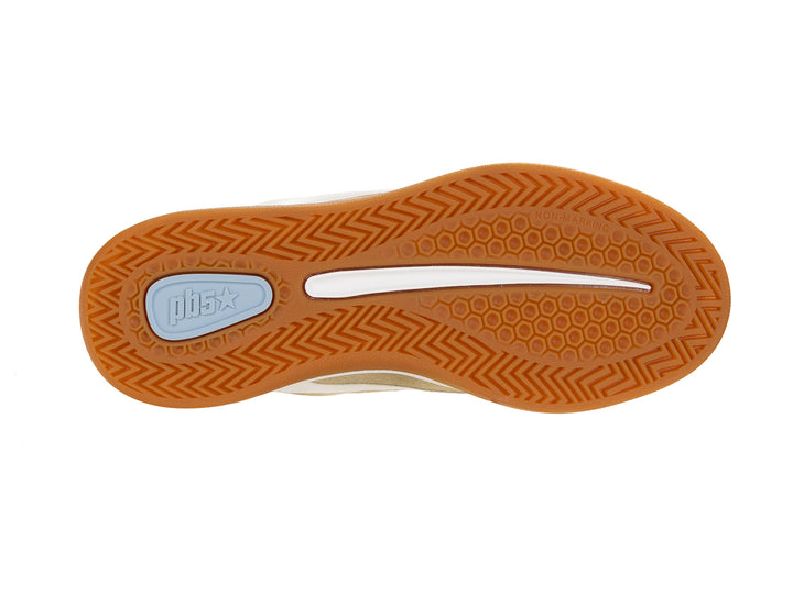 Bottom sole view of a sand and white low-top sneaker with gum outsole