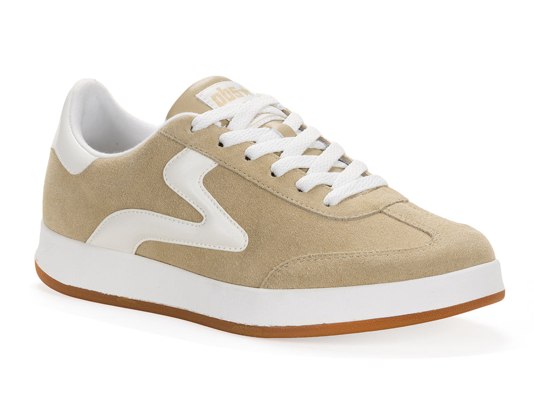 Sand and white low-top sneaker with gum sole shown in isometric side view