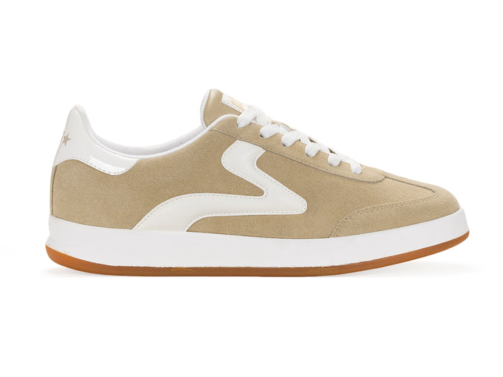 Lateral side view of a sand and white low-top sneaker with gum sole