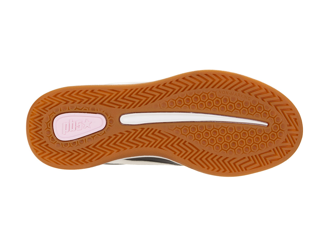 Bottom sole view of a black and white low-top sneaker with gum outsole