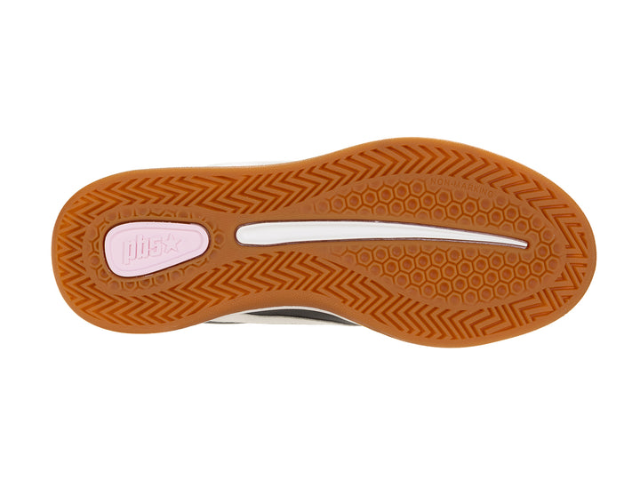 Bottom sole view of a black and white low-top sneaker with gum outsole