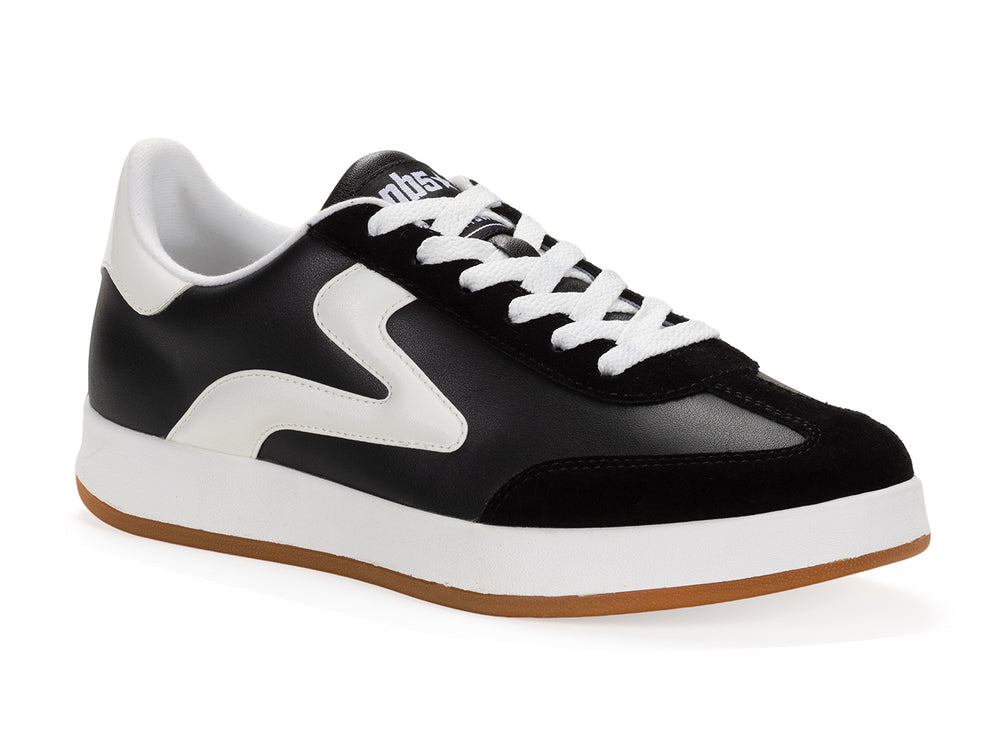 Black and white low-top sneaker with gum sole shown in isometric side view