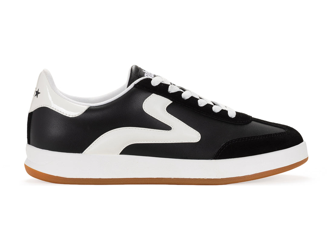 Lateral side view of a black and white low-top sneaker with gum sole