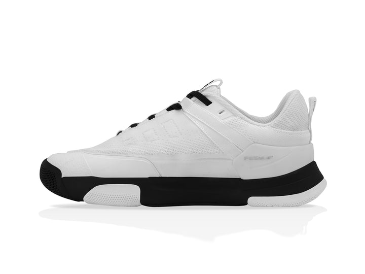 Side profile view of white-black PB5 Court2 shoe. Toe pointing to the left.