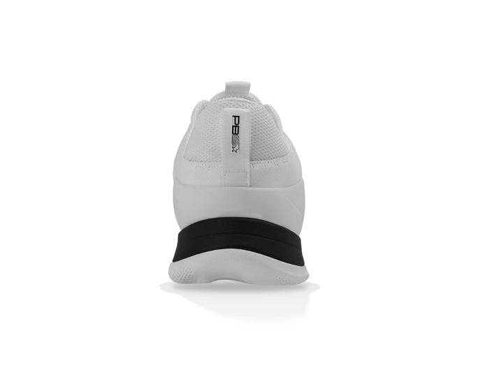 Rear view of white-black PB5 Court2 shoe.