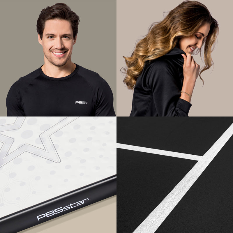 Collage of PB5star's latest collection: close-ups on performance pickleball apparel and a Balance Paddle, and a detailed view of a court's white boundary line.