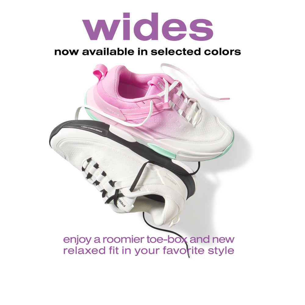 Two new colorways of PB5 Court2's for Women that are now available in wide sizes. Pink-Multi and White-Black. PB5star has the orld's most comfortable pickleball shoe.