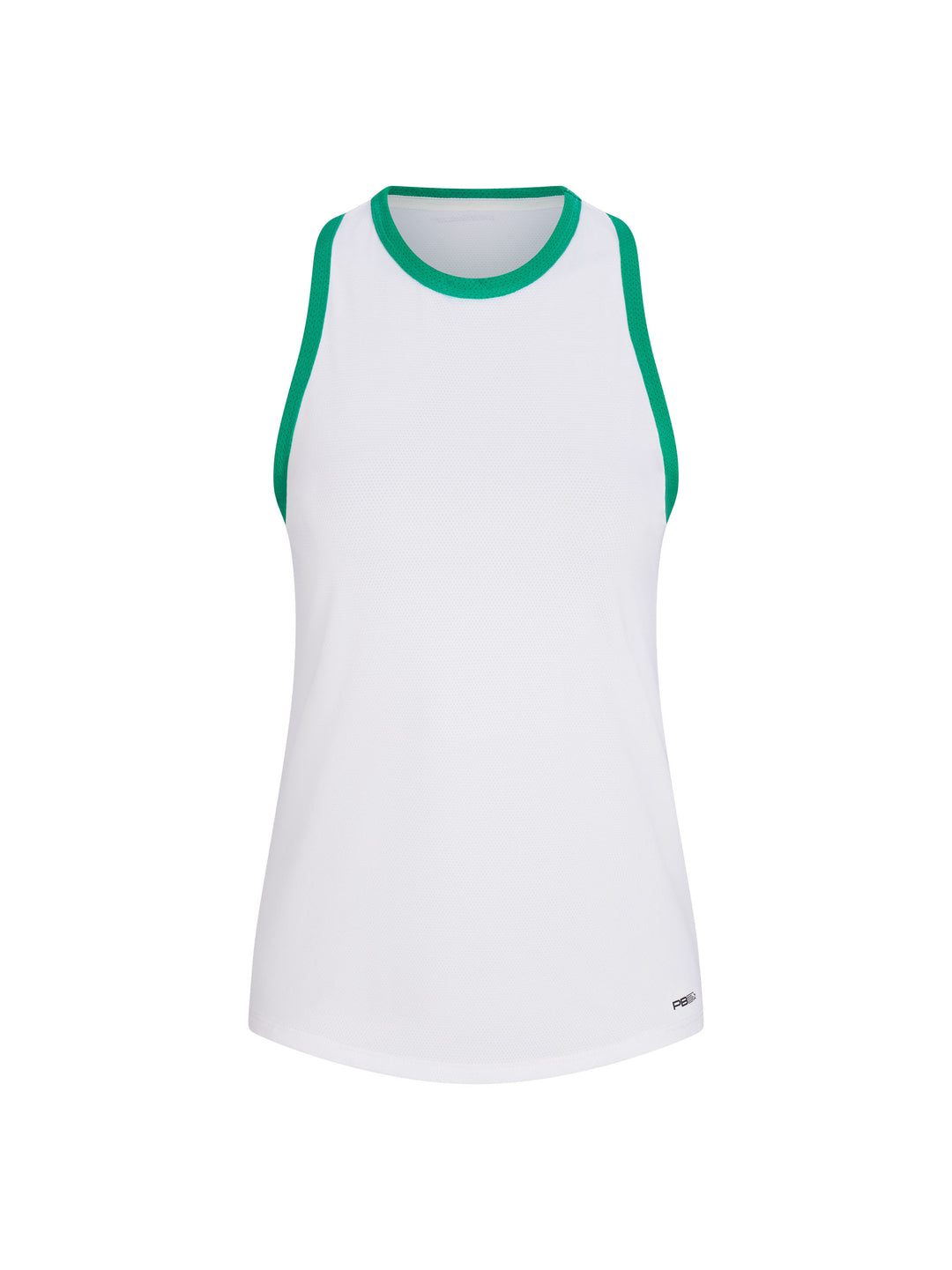 Women's Core Tank front view in White with Jade trim. Small logo printed on lower left front.