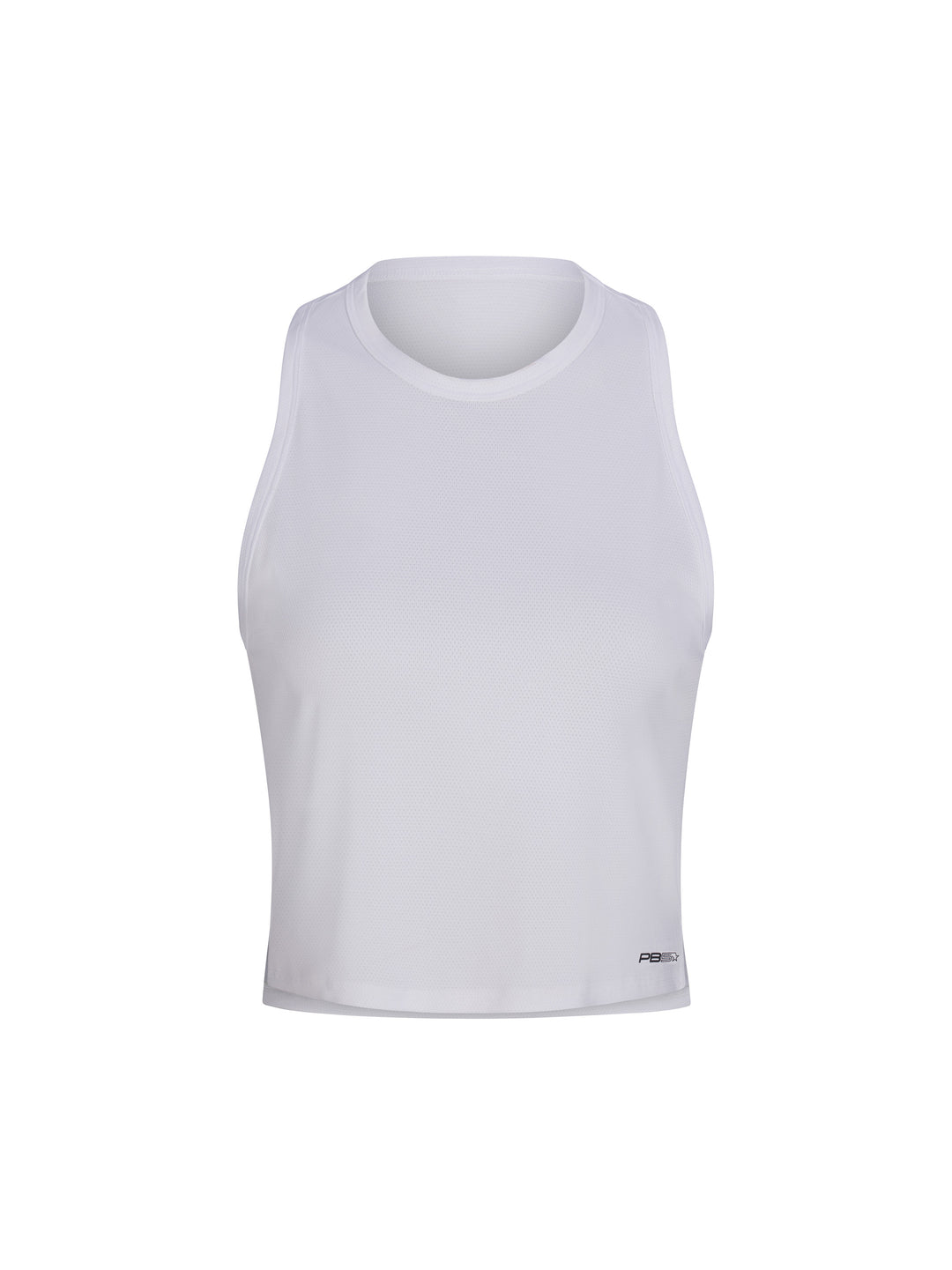Women's Cropped Racer Back Tank front view in white with high neck line. Small logo on lower left side.